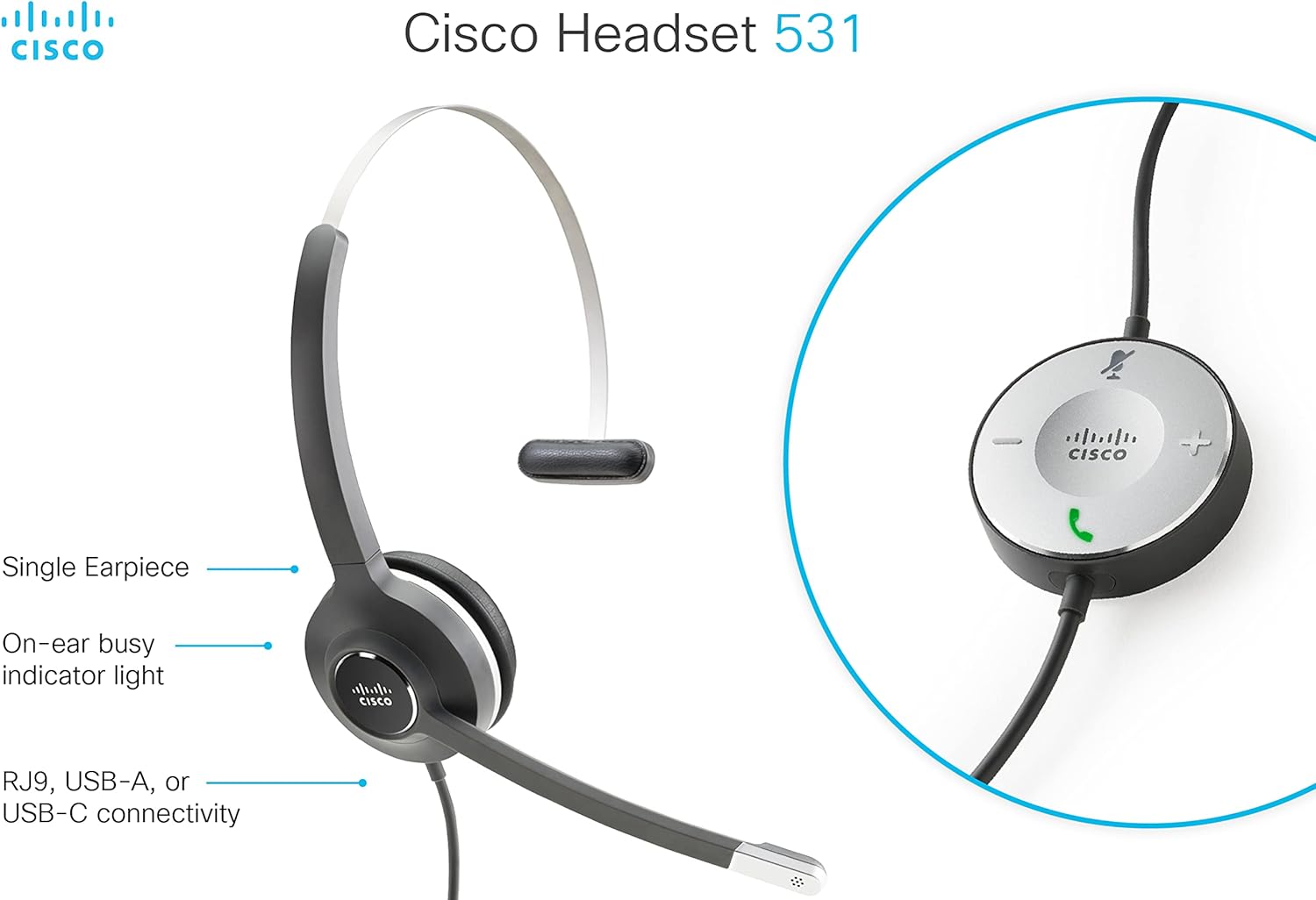 Cisco Headset 531, Wired Single On-Ear Quick Disconnect with USB-A Adapter, Charcoal, 2-Year Limited Liability Warranty (CP-HS-W-531-USBA=)