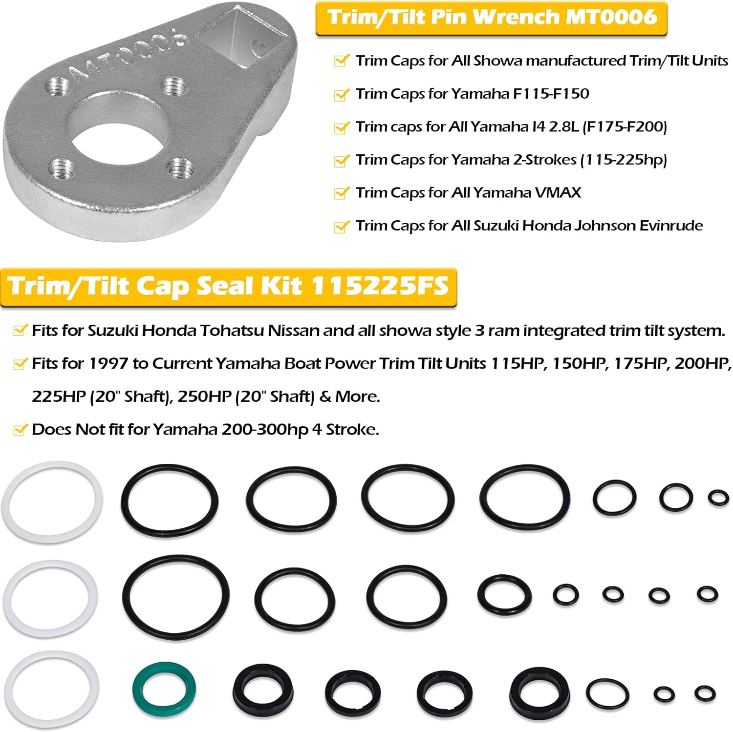 Outboard Trim/Tilt Pin Wrench MT0006-32mm x 4mm with S-4 S-4.5 pins + Pin Wrench MT0009-35mm x 6mm with L-6 Pins + Power Trim Tilt Seals Kit 115225FS Fits for Yamaha Honda Evinrude Suzuki Johnson