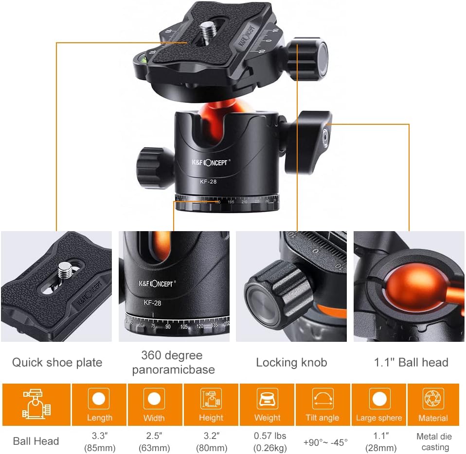 K&F Concept 67 inch Camera Tripods,K255A4+BH-28L (TM2515M1) Compact Travel Tripod with Monopod,10kg/22lbs Load Capacity 360° Panorama Ball Head Compatible with DSLR Cameras