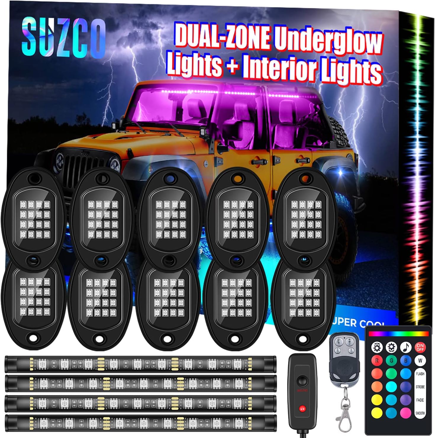 SUZCO 10-pods Trucks LED RGB Neon Underglow Rock Under Wheel Well Lights Kit, Dual-Zone Interior Light Kit with APP/RF/IR, Sync Music Under Lights Waterproof 12V for Truck Jeep ATV UTV Offroad Pack of 2
