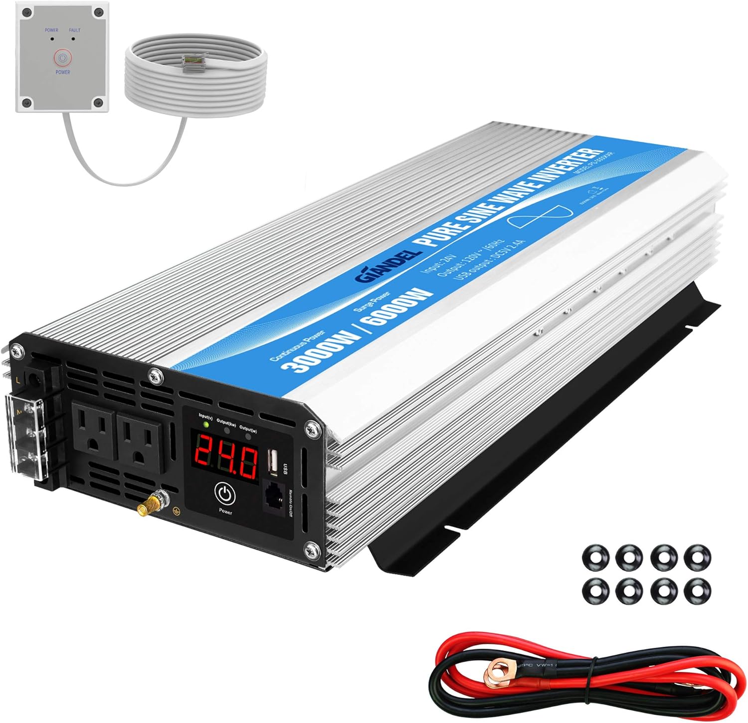 24V Pure Sine Wave Power Inverter 3000Watt DC 24V to AC120V with Dual AC Outlets with Remote Control 2.4A USB and LED Display