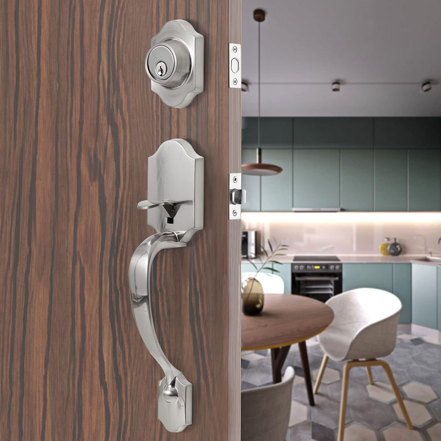 Natsukage Front Door Handle Double Door Lock Set Matte Black Entrance Handle Set with Dummy Heavy-Duty Adjustable Handle Sets with Deadbolt and Lever Handle Reversible for Right & Left Handed