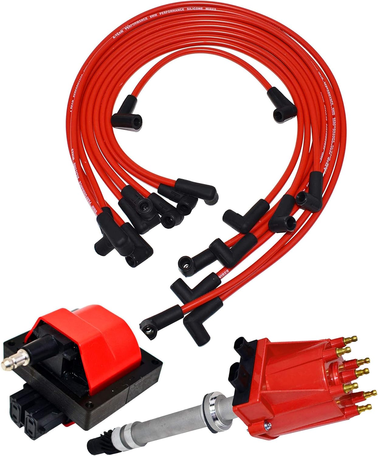 A-Team Performance - Distributor, 8mm Spark Plug Wires, and E-Core Ignition Coil - Compatible with 1987-1997 SBC BBC GMC Chevrolet 5.0L 5.7L C/K Pickup Truck Van Camaro 305 350 Red Cap and Wires