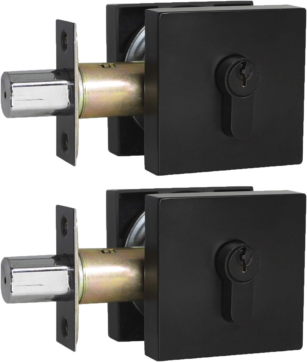 Probrico Single Cylinder Square Deadbolts One Side Keyed Satin Nickel Slim Modern Contemporary Deadbolts Door Locks for Interior and Exterior, Different Keys(2 Pack) Pack of 2
