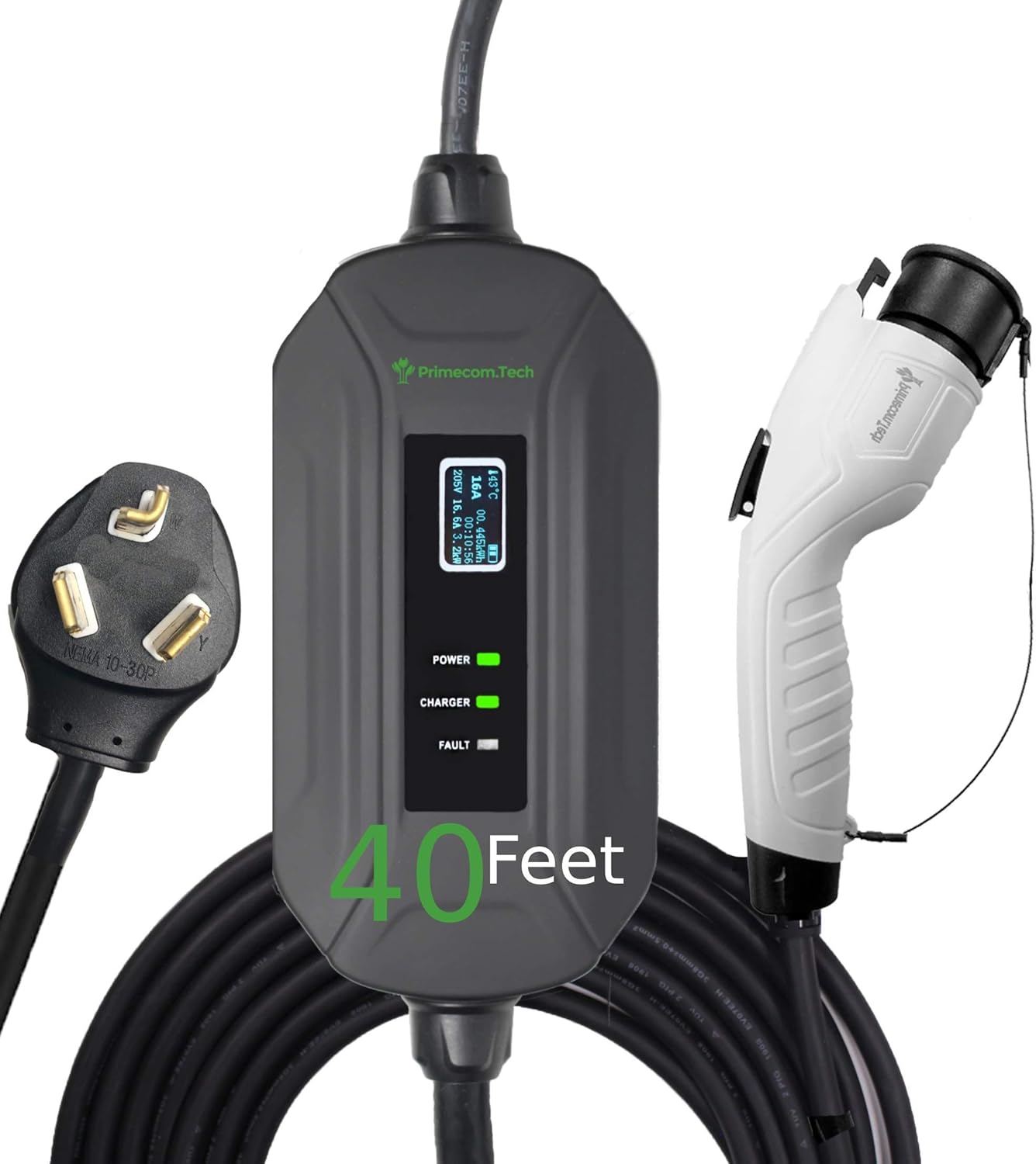 PRIMECOM Level 2 Electric Vehicle (EV) Charger (220V / 240Volt, 16Amp) Portable EVSE Smart Electric Car Charger, 30', 40', and 50 Feet Lengths (NEMA 10-30P, 35 Feet)