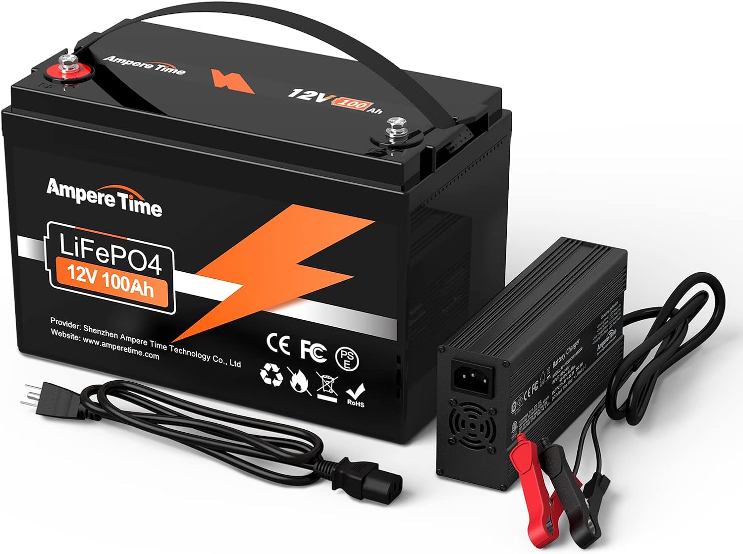 Ampere Time 12V 100Ah LiFePO4 Battery with 14.6V 20A Dedicated Lithium Battery Charger; Built-in 100A BMS, 4000+ Cycles, for RV, Solar, Marine, Overland, Off-Grid Application