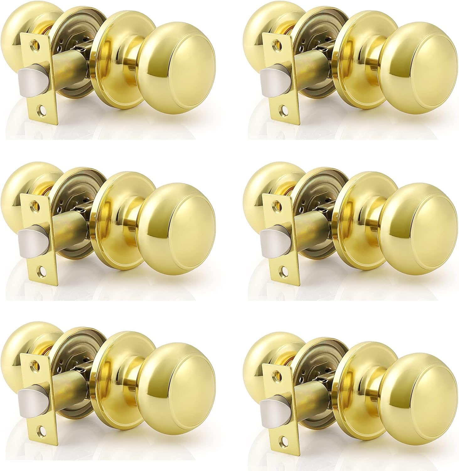 Probrico Privacy Door Knobs Lock Interior Bedroom Bathroom Door Handle Polished Brass Round Ball Keyless Lockset 6 Pack Pack of 2
