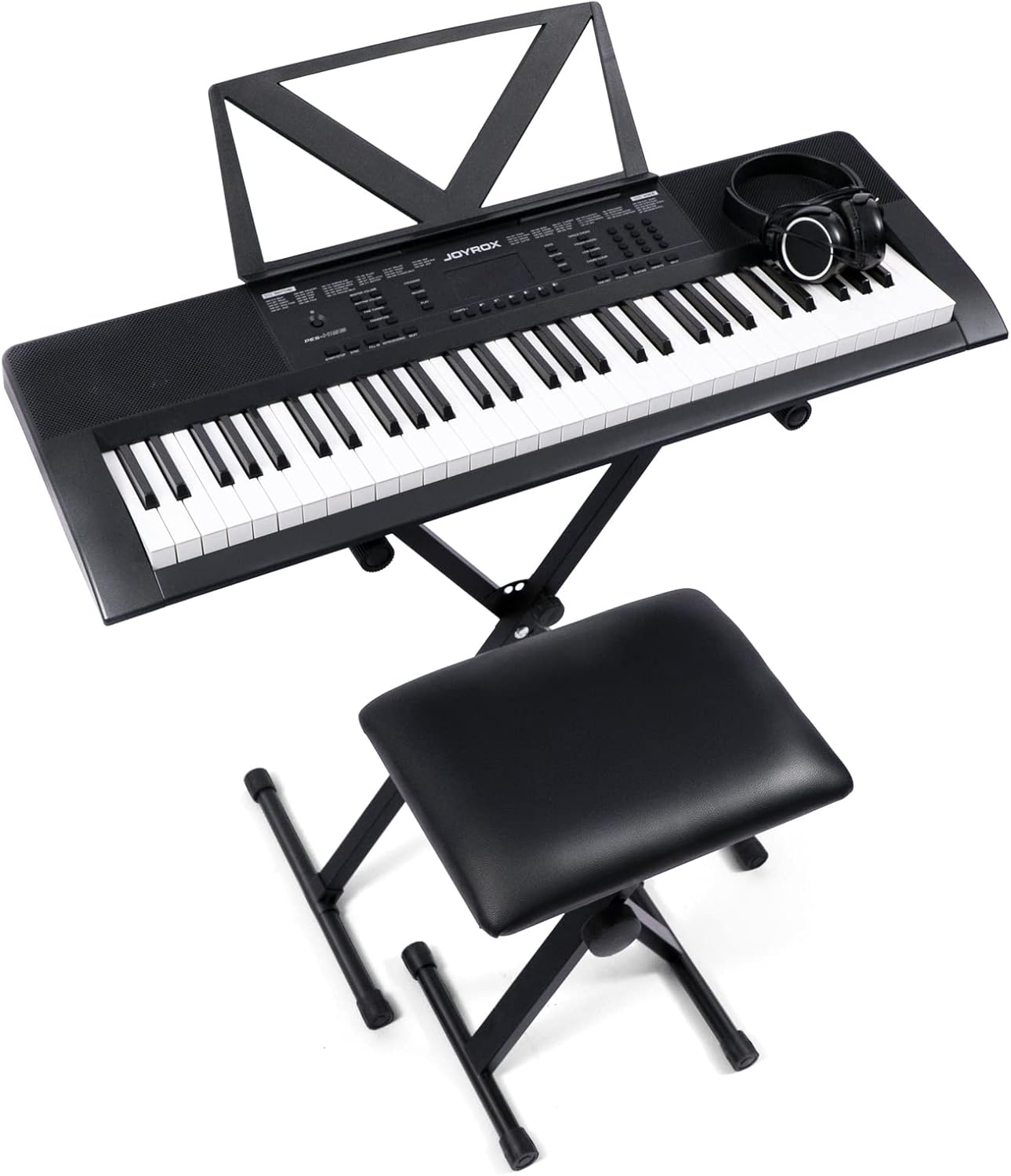 JOYROX K155–61 Key Piano Keyboard with 300 Voices, Keyboard Piano with Keyboard Stand, Bench, Sheet Music Stand, Headphones, Speakers, 300 Rhythms and 50 Demo Songs