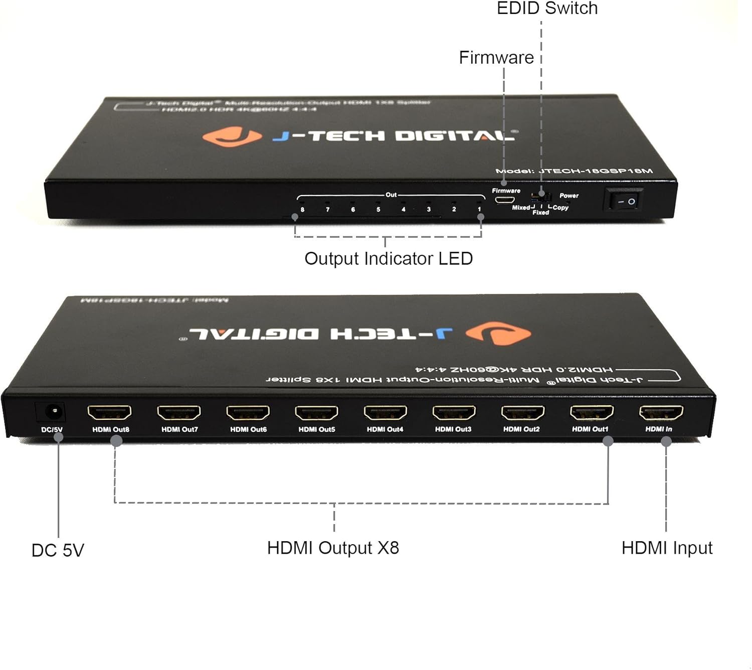 J-Tech Digital Scaler/Multi-Resolution Output (MRO) 18GBps 1x8 HDMI 2.0 Splitter HDR10/Dolby Vision 4K@60Hz 4:4:4 [JTECH-18GSP18M]