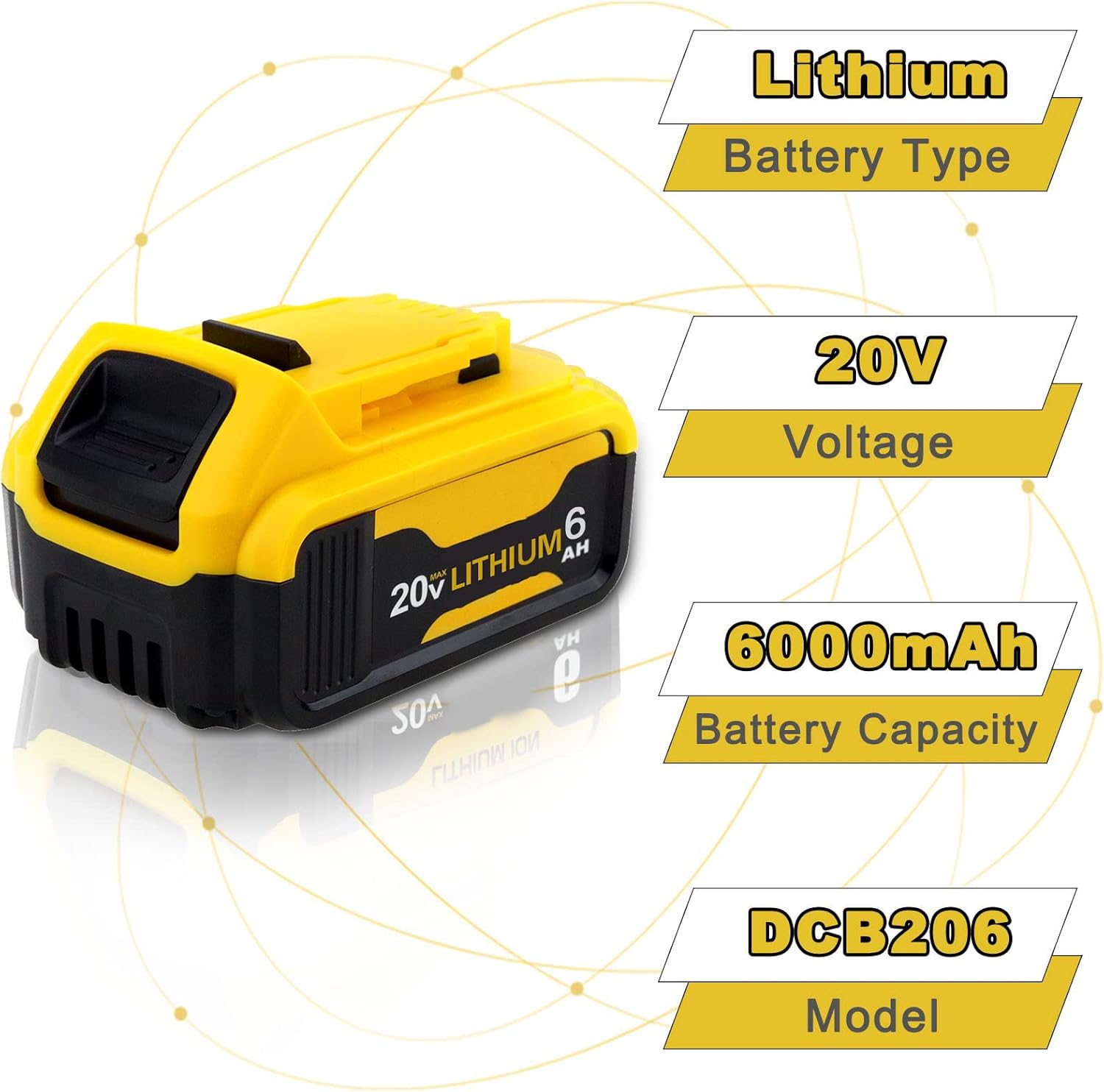 4 Packs 6.0Ah 20 Volt DCB206 Battery Compatible with Dewalt 20V Battery DCB200 DCB201 DCB203 DCB204 DCB205 DCB207