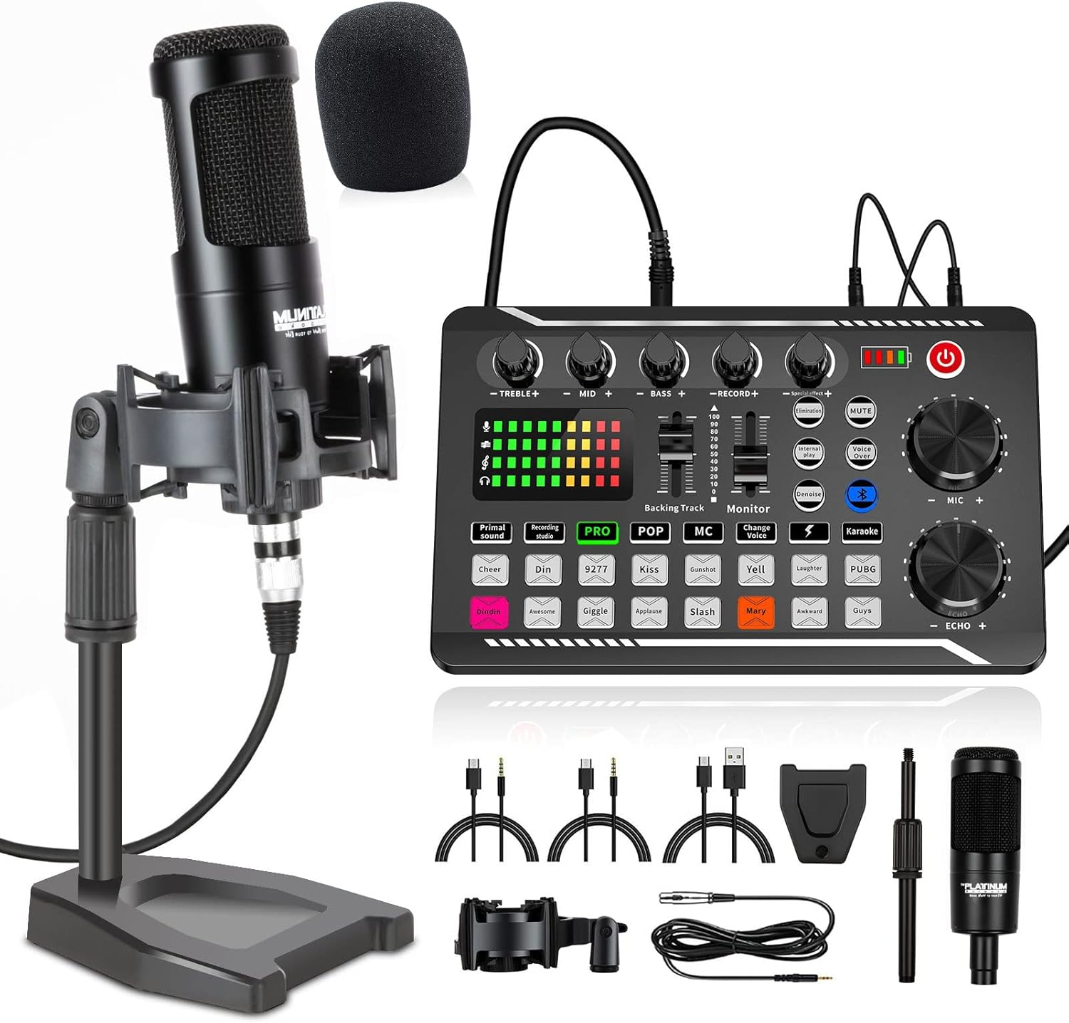 Podcast Equipment Bundle, Sound Card ,Sound Board,Professional DJ Audio Interface Mixer, Portable ALL-IN-ONE Podcast Production Studio with XLR Microphone for Live Streaming, Recording and Gaming