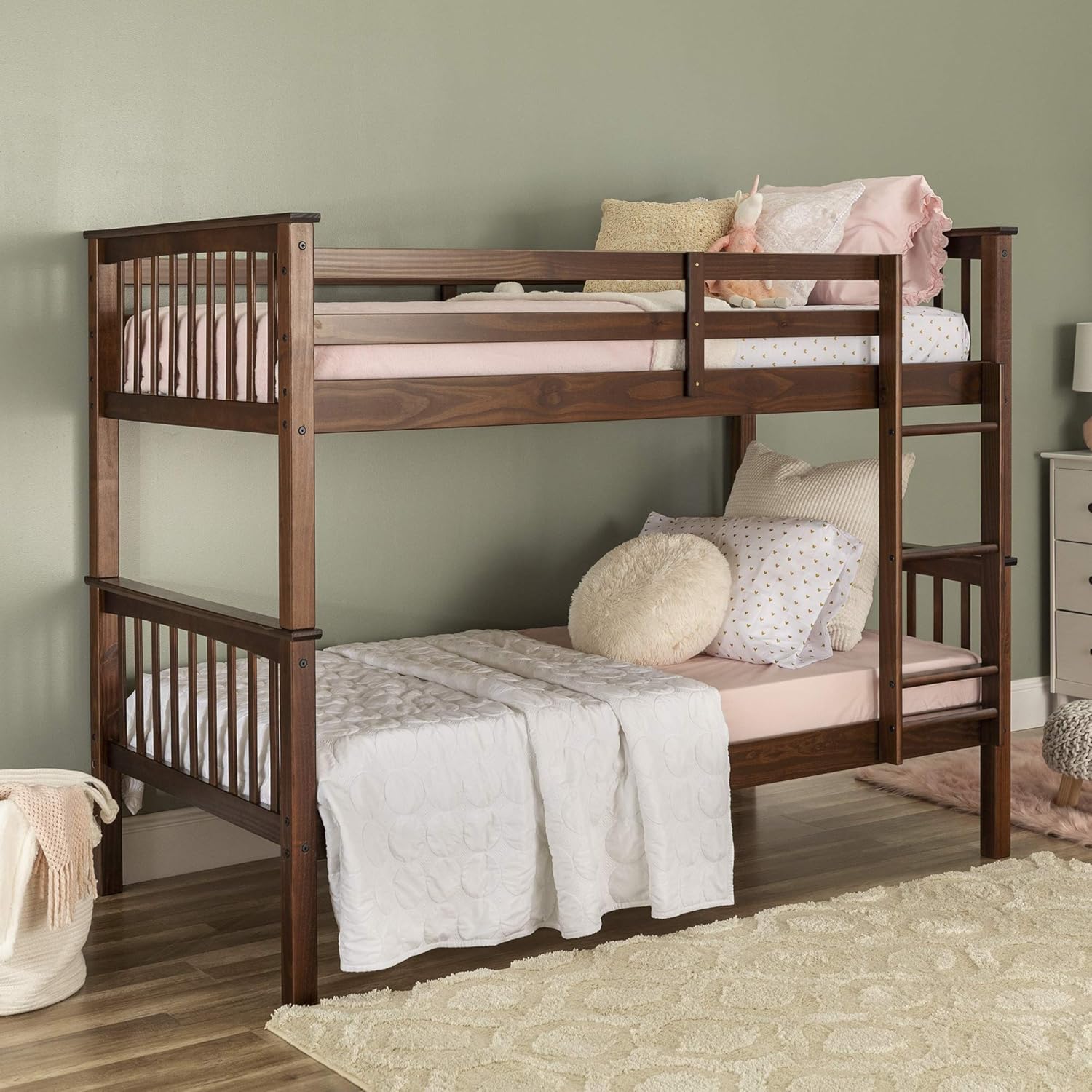 Walker Edison Resende Mission Style Solid Wood Twin over Twin Bunk Bed, Twin over Twin, Walnut