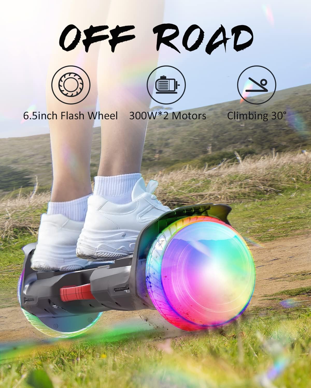 MUCHOVER All Terrain Hoverboard Offroad with 6.5” Flash LED Lights Wheel & Bluetooth Speaker, Upgraded One-piece Self Balancing Hoverboards for Kids & Adults UL2272 Certified
