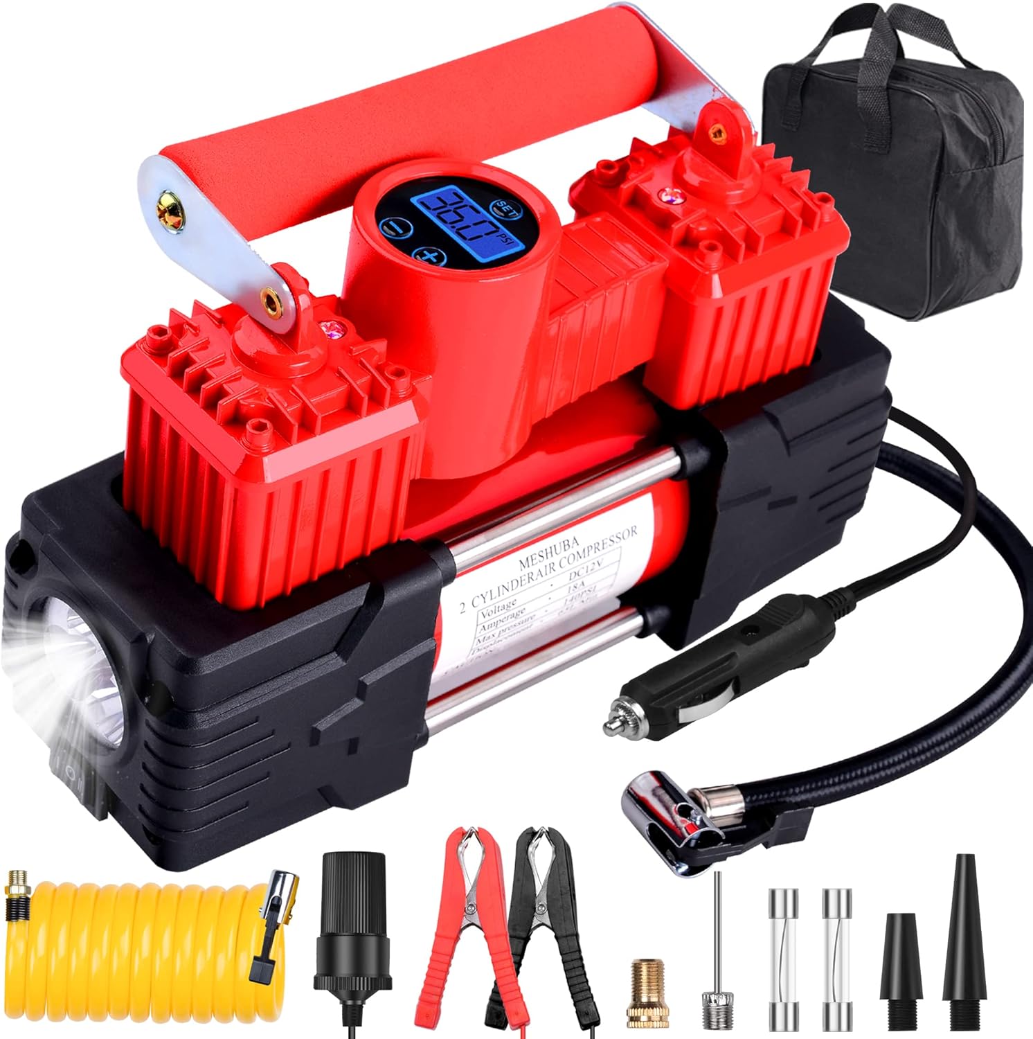 MESHUBA Double Cylinder Air Compressor Portable Heavy Duty Tire Inflator with Digital Gauge and Emergency LED Light 12V DC Car Pump Auto Shut-Off Red Pack of 2