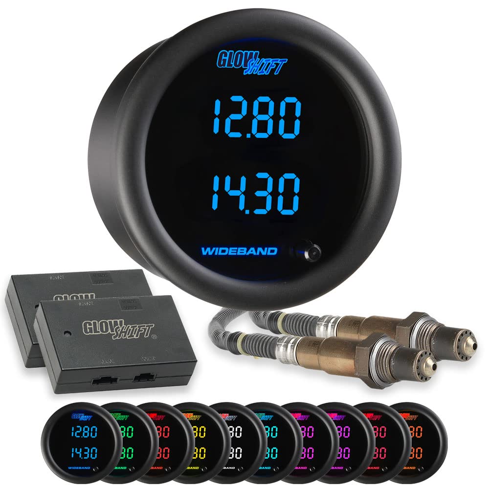 GlowShift 10 Color Digital Dual Wideband Air/Fuel Ratio AFR Gauge - Includes Oxygen Sensors, Data Logging Output & Weld-in Bungs - 2 Multi-Color LED Displays - Tinted Lens - 2-1/16