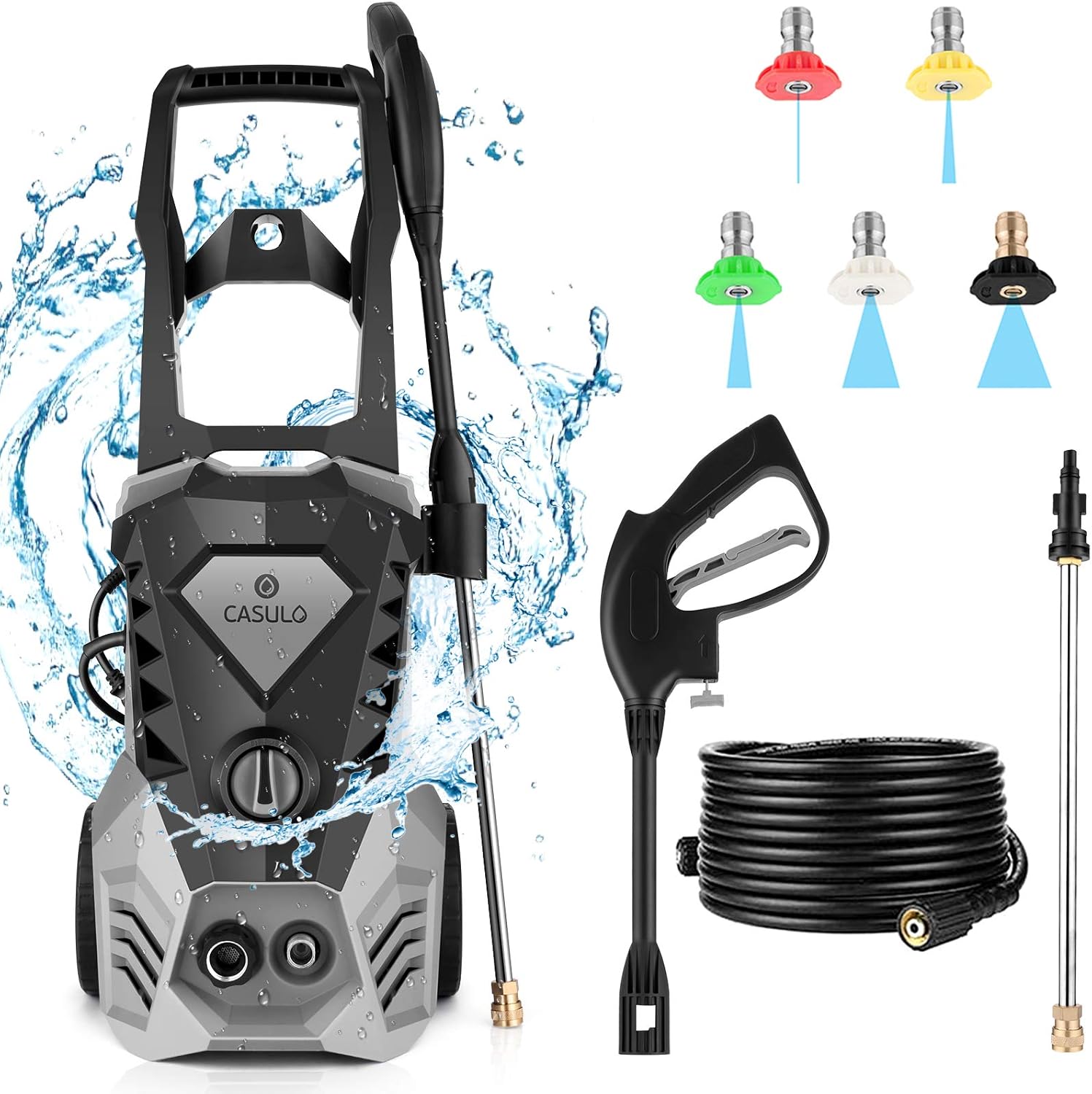 Electric Pressure Washer 1800W Power Washer with 5 Nozzles,Hose Reel,High Pressure Cleaner for Fences/Patios/Garden (Premium White)
