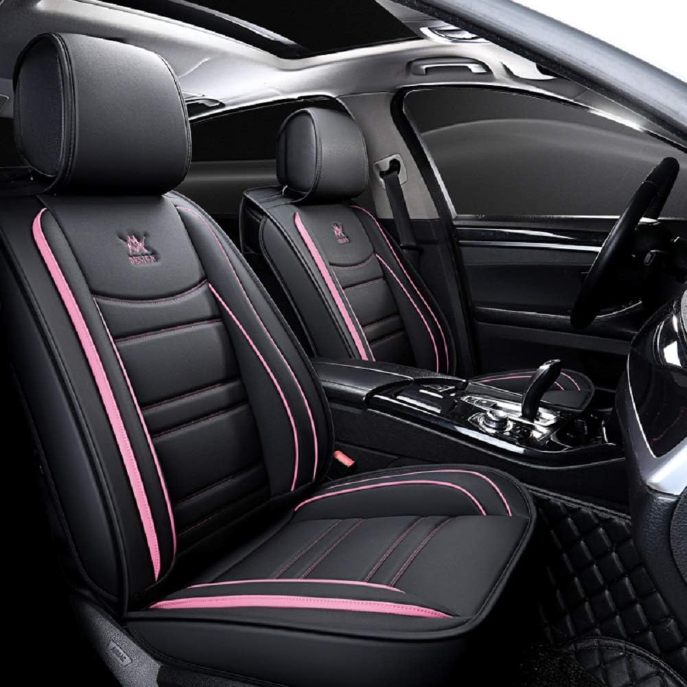 OUTOS Luxury Leather Auto Car Seat Covers 5 Seats Full Set Universal Fit(Black-Pink)