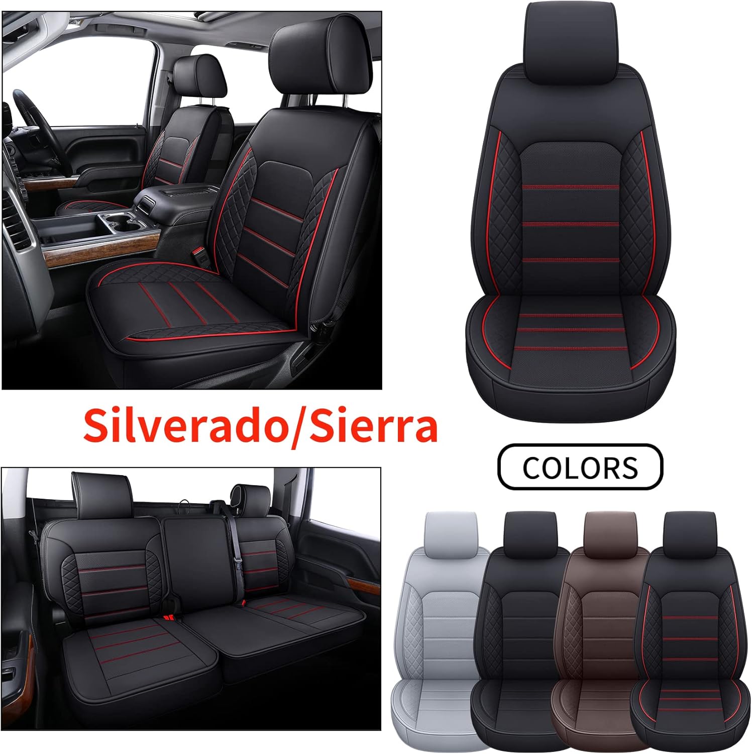 LUCKYMAN CLUB Chevy Silverado/Sierra X04-S3 Seat Covers Full Set, Fit 2007-2013&2019-2022 1500/2008-2014&2020-2021 2500 HD/3500 HD Crew Cab with Water Proof Faux Leather (Full Set, Brown)