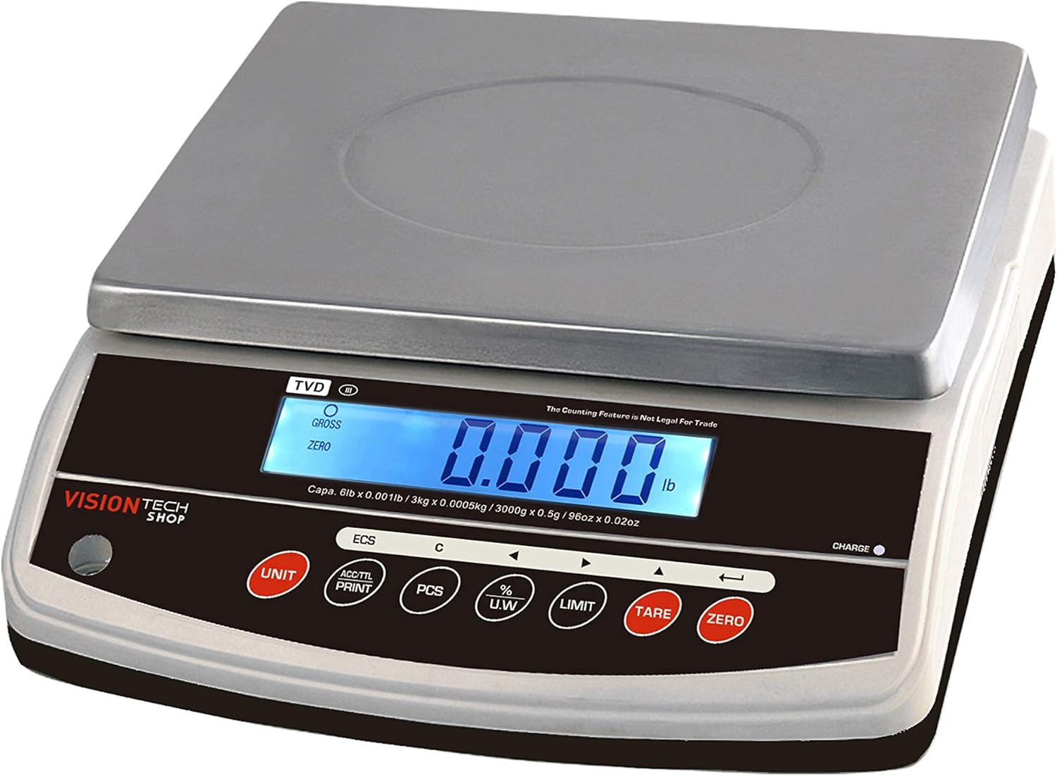 VisionTechShop TVD-6 Digital Bench and Counter Scale, Lb/Oz/Kg/g Switchable, 6lb Capacity, 0.001lb Readability, Counting and Percentage Mode, Single Display, NTEP Legal for Trade, CC# : 20-032