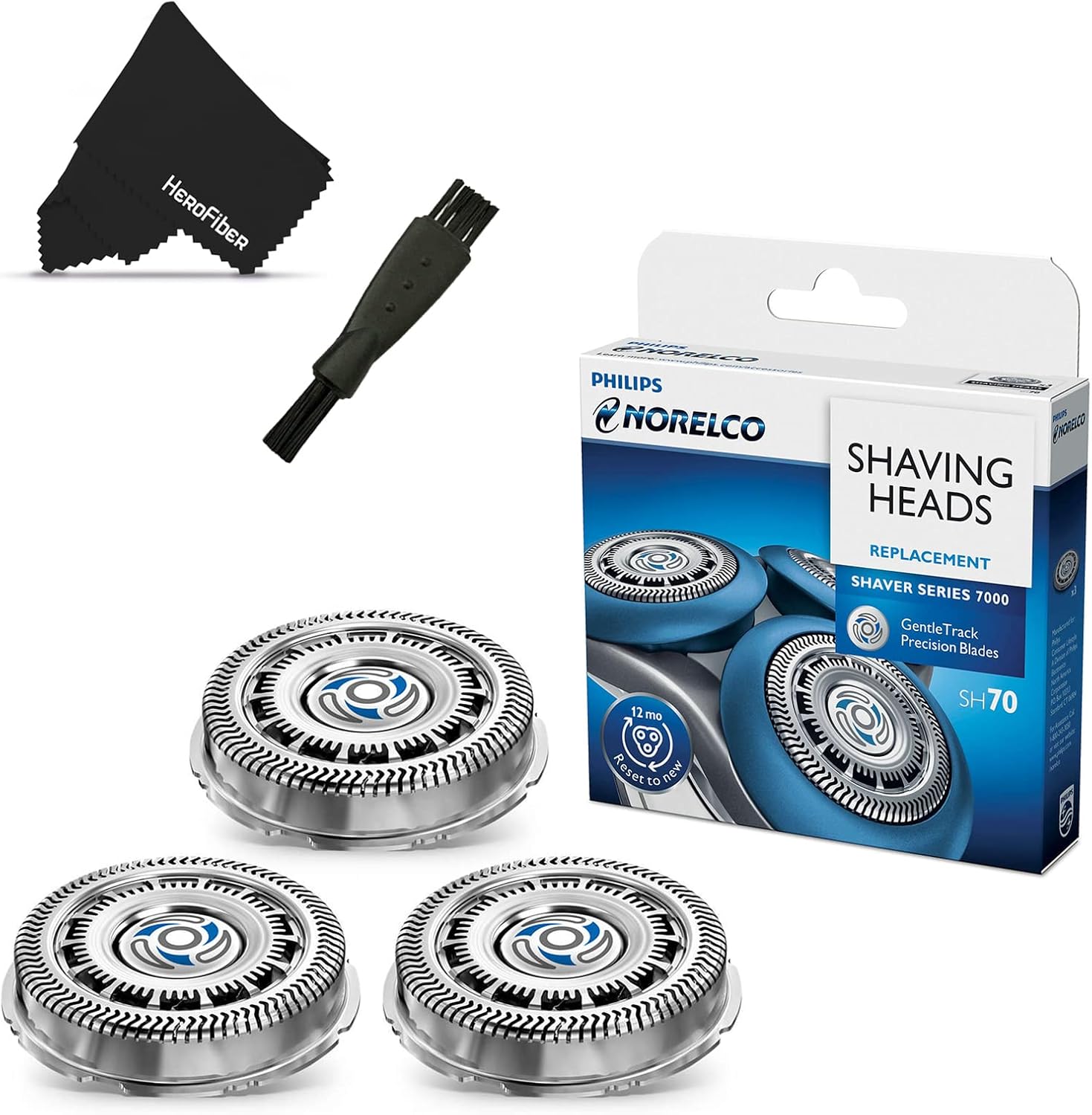 Phillips Norelco SH70/52 Replacement Head for Series 7000 Electric Shavers + Double Ended Shaver Brush + HeroFiber® Ultra Gentle Cleaning Cloth Pack of 2