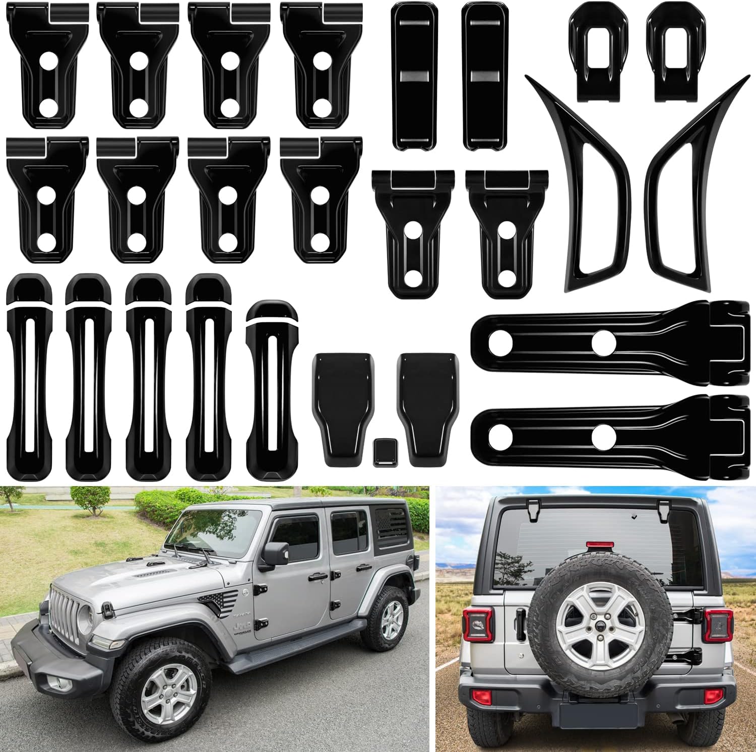 26PCS Full Set Exterior Decoration Trim Kit for Jeep Wrangler JL JLU 2018-2022 Door Hinge Handle Engine Hood Hinge Hood Latch Wheel Eyebrow Side Air Outlet Rear Tailgate Window Hinge Cover (White)