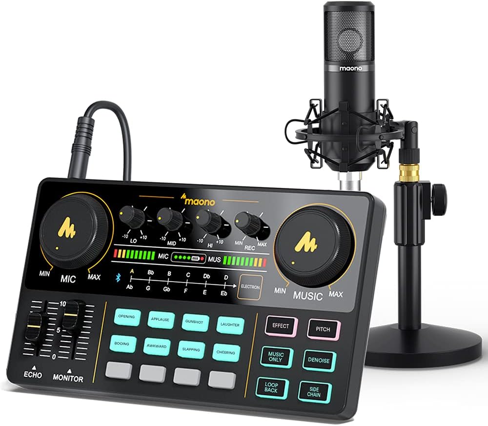 Audio Interface with DJ Mixer and Sound Card, Maonocaster Lite Portable ALL-IN-ONE Podcast Production Studio with 25mm Large Diaphragm Microphone for Live Streaming, PC, Recording(AU-AM200-S4)