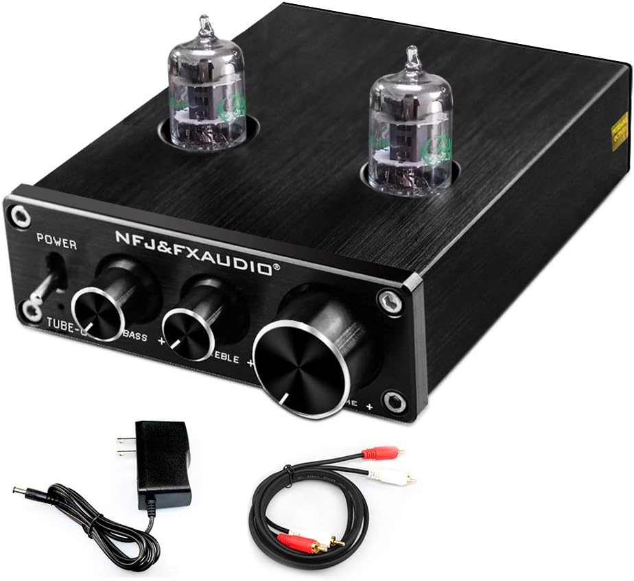 FX-AUDIO TUBE-03 Tube Preamp GE5654 Tube Hi-Fi Tube Preamplifier with Bass & Treble Control Home Theater Stereo Audio Preamplifier DC 12V (Silver) Pack of 2