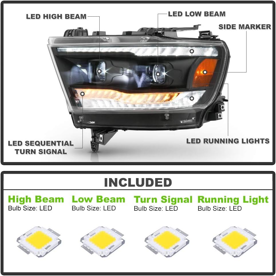 ACANII - For [Halogen Model] 2019-2021 Ram 1500 Black LED DRL Sequential Signal Built-In LED Dual Projector Headlights