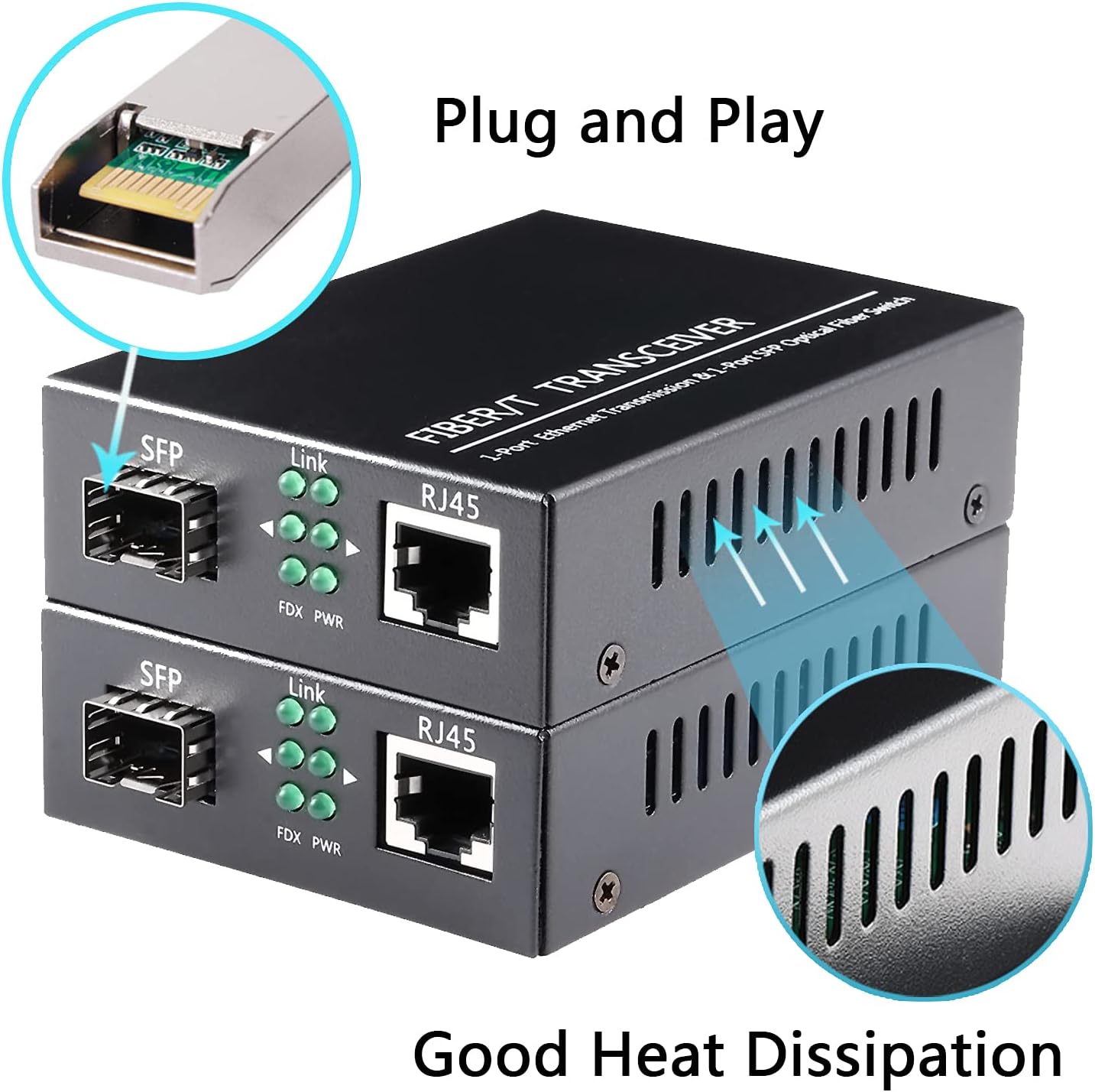 A Pair of 1.25G/s Bidi Gigabit Multi-Mode Fiber Ethernet Media Converter with 2PCS Bidi SFP LC Dual Transceiver Module Included, 10/100/1000Base-Tx to 1000Base-SX SMF RJ45 to SFP Slot up to 550M Pack of 2