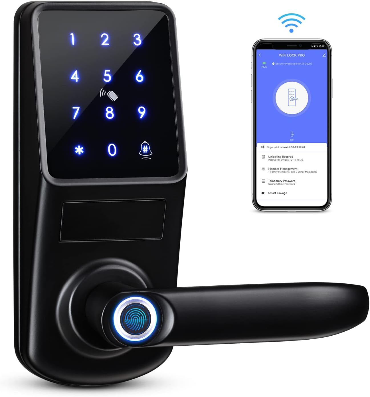 LOQRON Smart Fingerprint Door Lock, WiFi Keypad Door Lever Deadbolt, Keyless Entry Door Lock with Reversible Handle, Remote Unlock & Auto Lock, Digital Front Door Lock for Home Airbnb - Satin Nickel