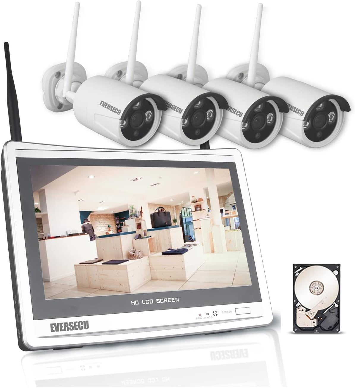 Eversecu 4 Channel Security Camera System 10800P DVR and (4) 1.0MP 720P Weatherproof Cameras Support Night Vison Weatherproof, Motion Alert, Smartphone, PC Easy Remote Access (NO Hard Disc Included)