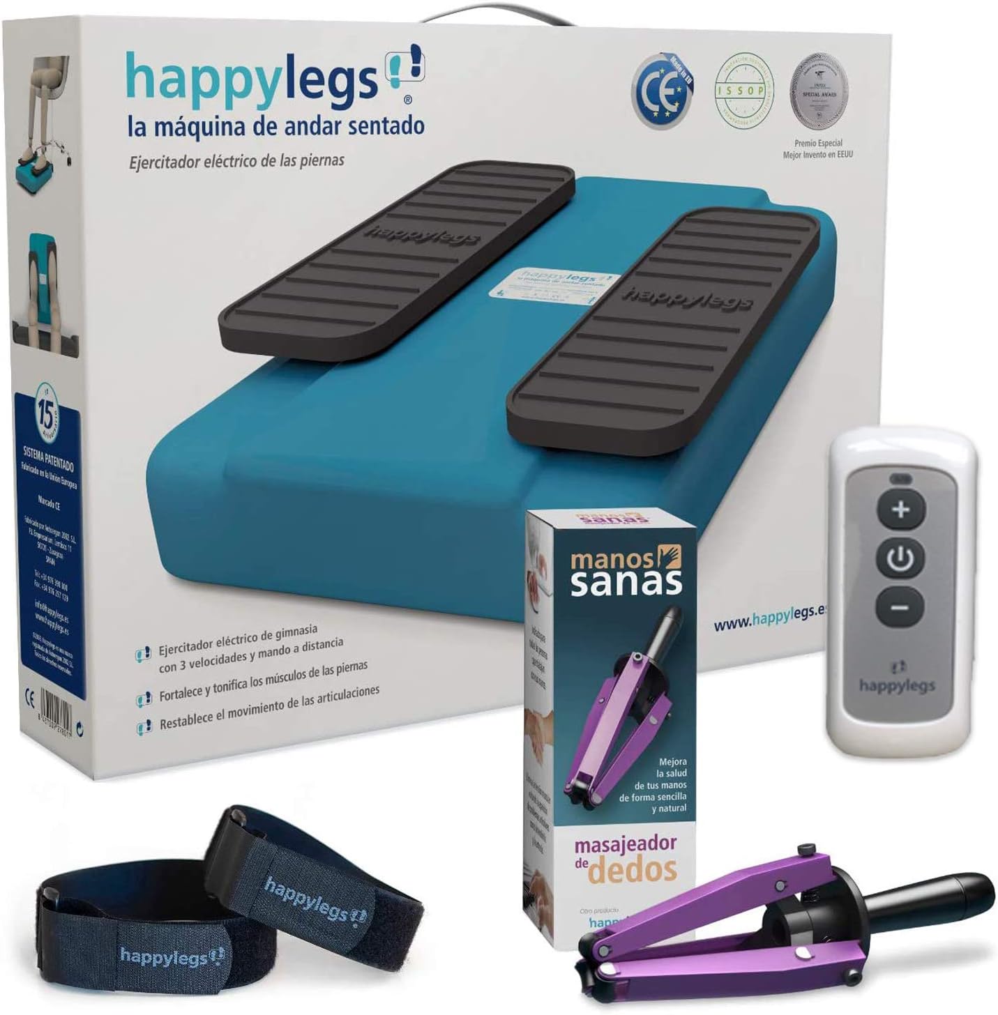 Happylegs | Pack 2020 Model + Healthy Hands + Foot Straps | Phisical Therapy | Stimulates Circulation of Legs and Hands | Home Excercise | Blue | Made in Spain
