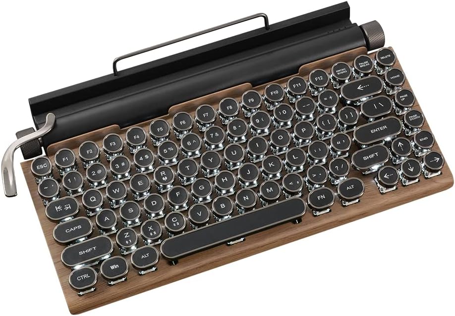 GUAZI STORE 83-Key Mechanical Keyboard dot Retro Typewriter Mechanical Keyboard Wireless Bluetooth Keyboard, Keyboard Gaming Mechanical,Anti-ghosting Blue Switch Mechanical Keyboard (Wood Color)