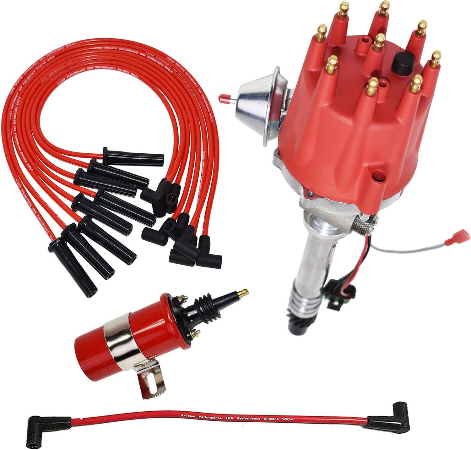 A-Team Performance Pro Series R2R Distributor, 8.0mm Spark Plug Wires, & 45K Volt Coil Compatible With Chevy Corvette BBC Tach Drive 396, 402, 427, 454 Red