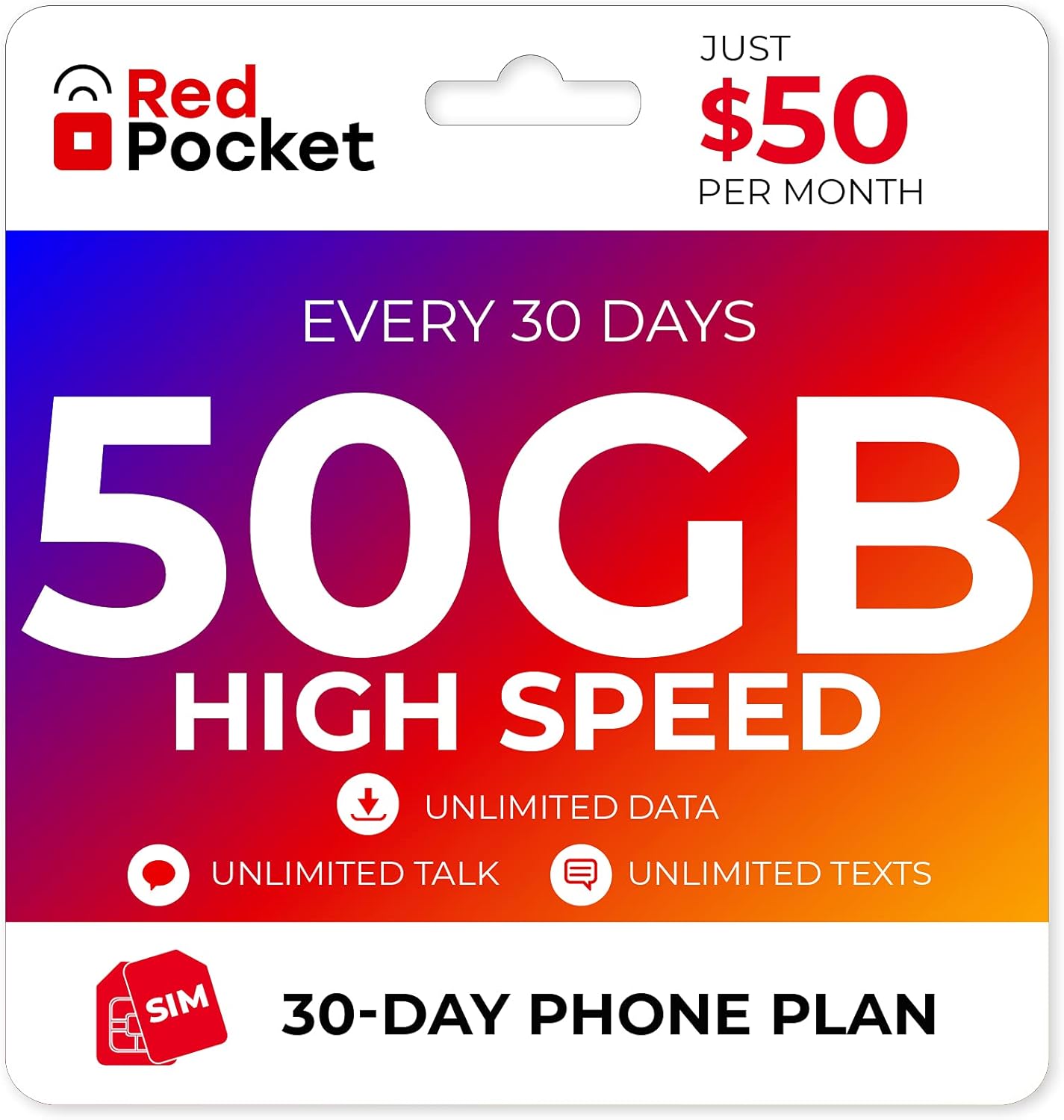 Red Pocket Unlimited Phone Plan | 50GB of 5G/LTE Data | Free SIM Card Pack of 2