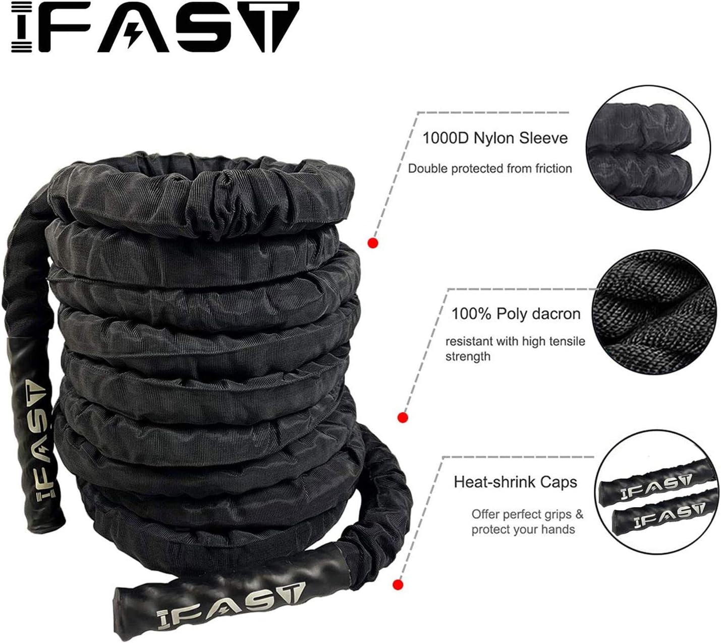 IFAST Exercise Battle Rope with Protective Cover 30ft Length Heavy Dacron Workout Training Ropes for Home Body Building Muscle Pack of 2