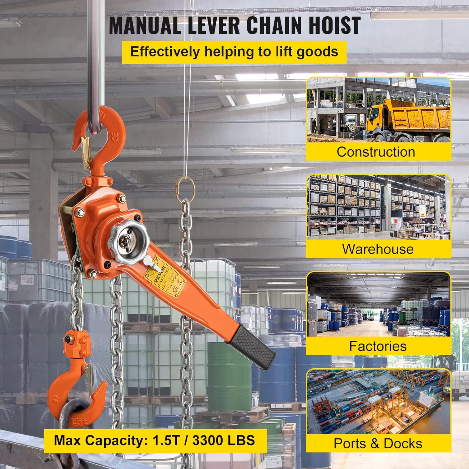 VEVOR Lever Chain Hoist, 1.5Ton 3300lbs Capacity Ratchet Puller with 20FT Max. Lifting Height, Come Along 2 Heavy Duty Steel Hooks, Manual Handling Tool for Cargo Moving in Construction, Warehouse