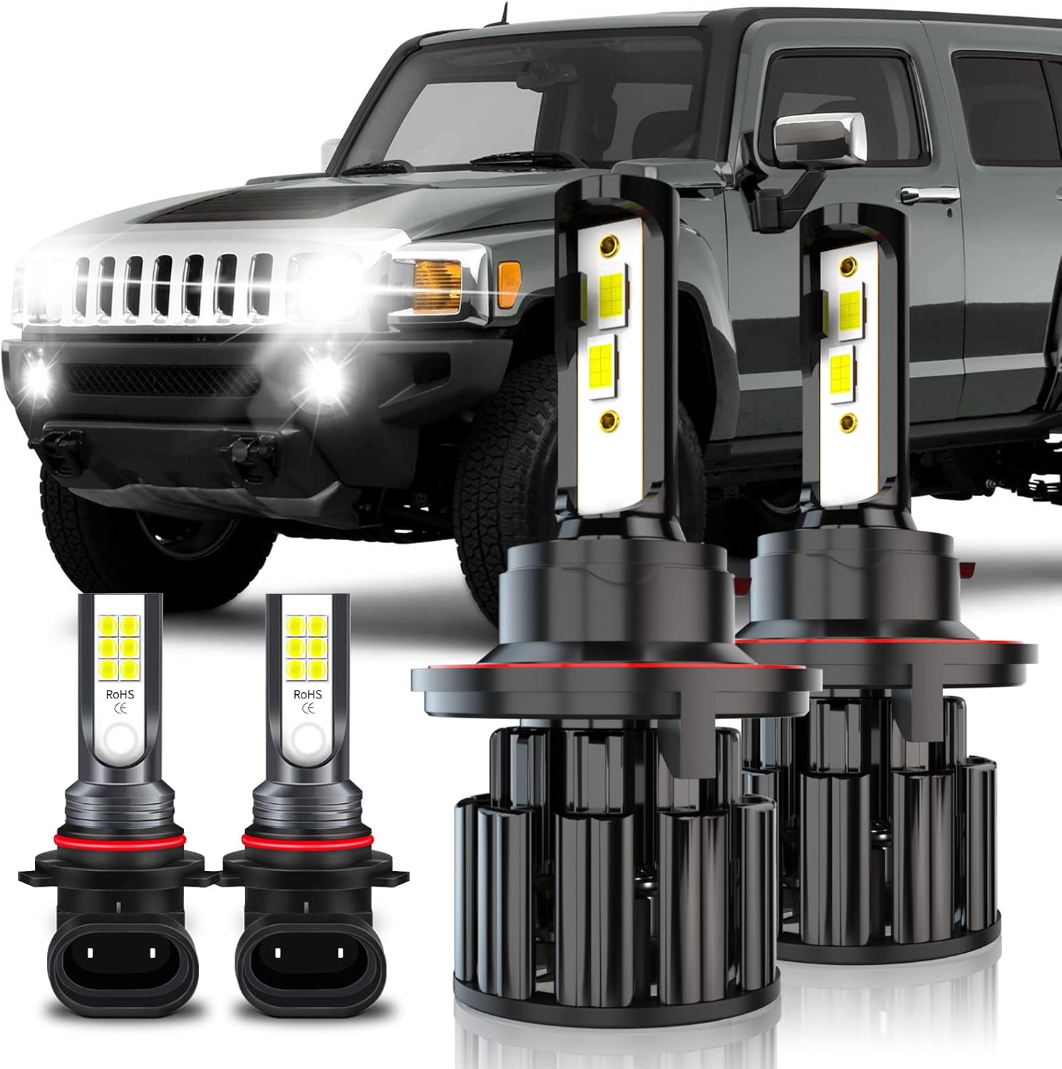 Fit For 2006 2007 2008 2009 2010 Hummer H3 LED Headlight Bulbs, 9008 High Low Beam and 9005 Fog Light LED Bulbs Kit, 60W 10000LM 6000K White Super Bright, Plug and Play, Pack of 4 Pack of 2