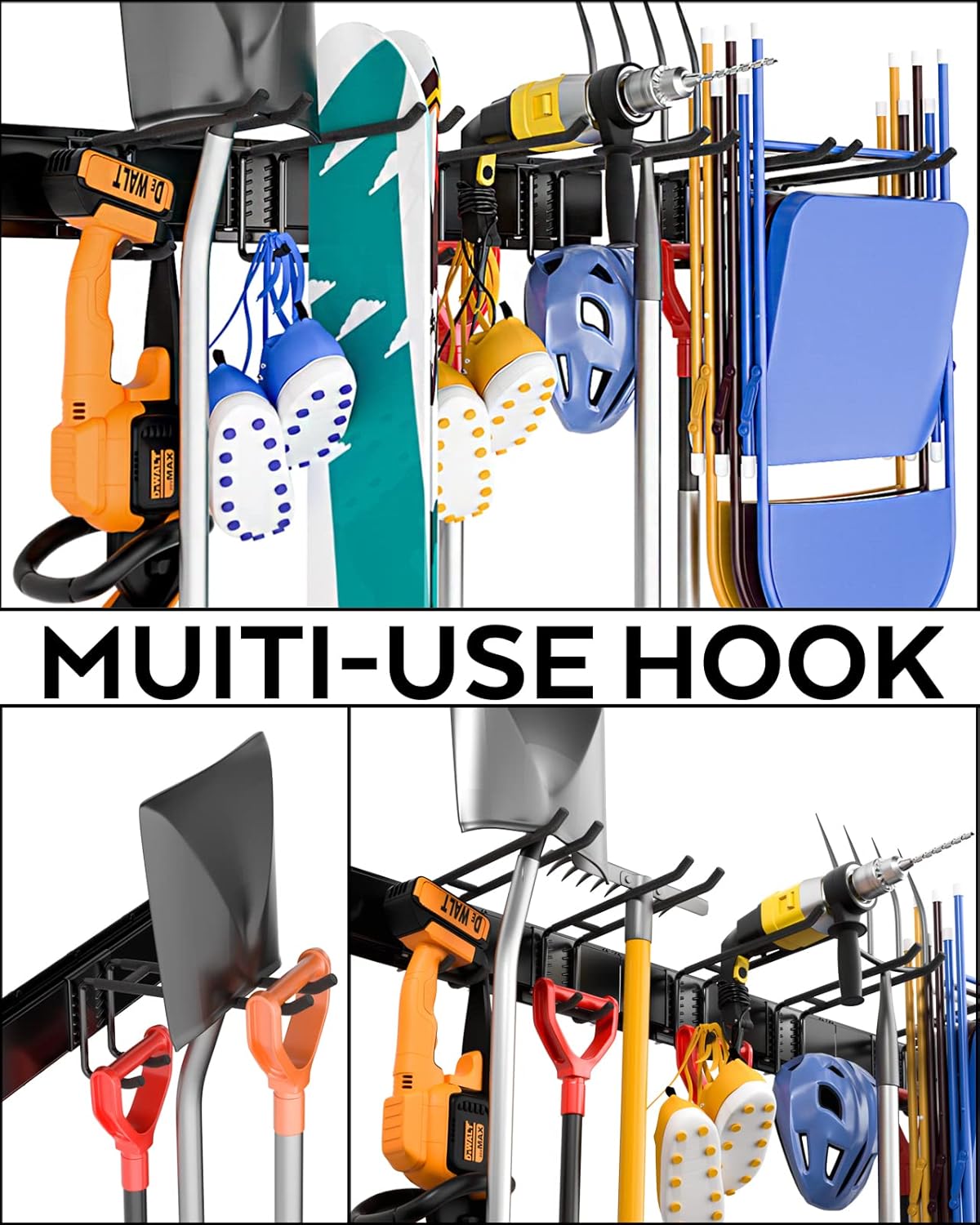 INCLY Garage Storage, Wall Mounted Garden tool Organizer Systems, 48 Inch Heavy Duty Tool Storage Rack for Garage Wall with 6 Adjustable Hooks and 3 Rails Pack of 2