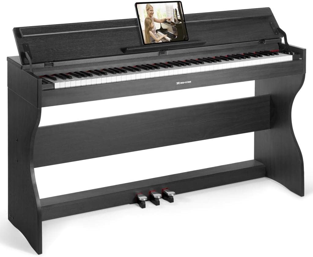MUSTAR 88-Key Weighted Heavy Hammer Action Keys Digital Piano for Beginner, Bluetooth, USB MIDI,MP3,Power Adapter,Triple Pedals,LCD Screen, and Cloth Cover Function,Black/Brown Color(Brown)