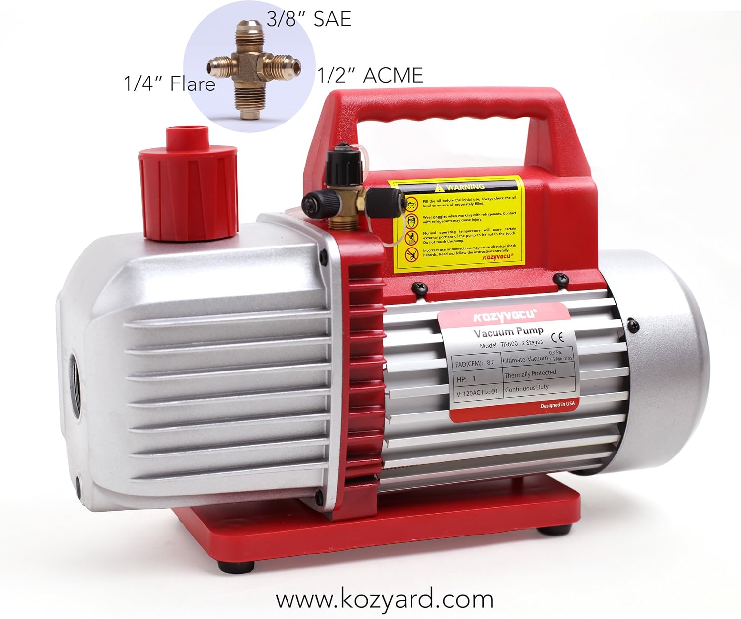Kozyvacu 8CFM Two-Stage Rotary Vane Professional Vacuum Pump (25 Micron, 3/4HP) for HVAC/Auto AC Refrigerant Recharging, Degassing Wine or epoxy, Milking Cow or Lamb, Medical, Food Processing etc.
