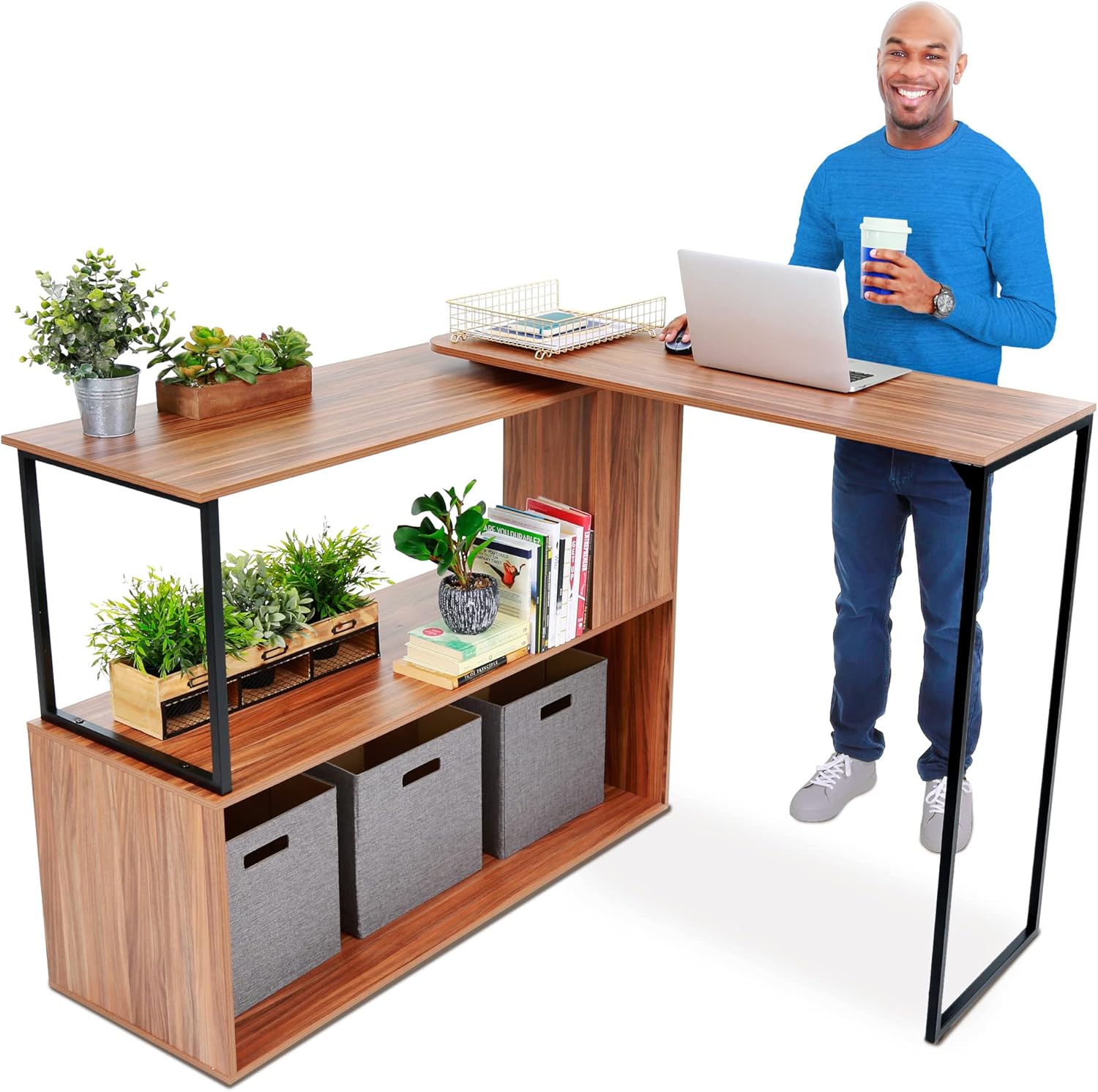 Joy Rotating Standing Desk by Stand Steady | L-Shaped Stand Up Desk for Home Office | Corner Computer Workstation with Storage Shelves | Space-Saving Swivel Desktop for Corners