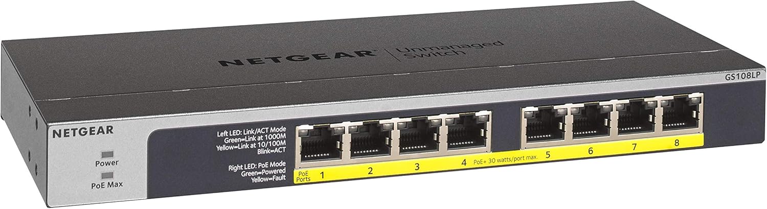 NETGEAR 8-Port Gigabit Ethernet Unmanaged PoE Switch (GS108PP) - with 8 x PoE+ @ 123W Upgradeable, Desktop, Wall Mount or Rackmount, and Limited Lifetime Protection