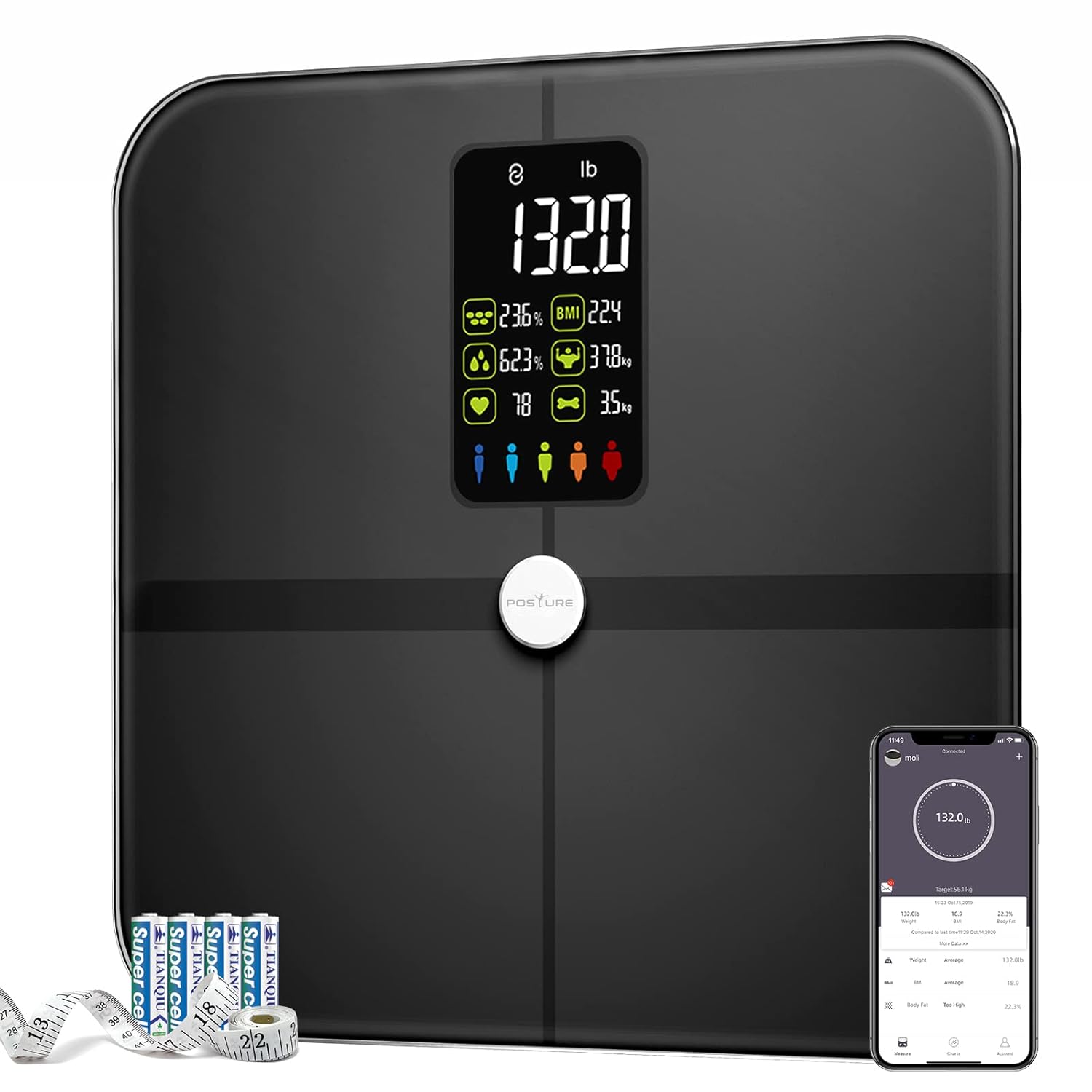 Body Fat Scale, Posture Extra Large Display Digital Bathroom Wireless Weight Scale Composition Analyzer with Heart Rate Heart Index & Body Shape Index with Free APP 400Lb Black Pack of 2