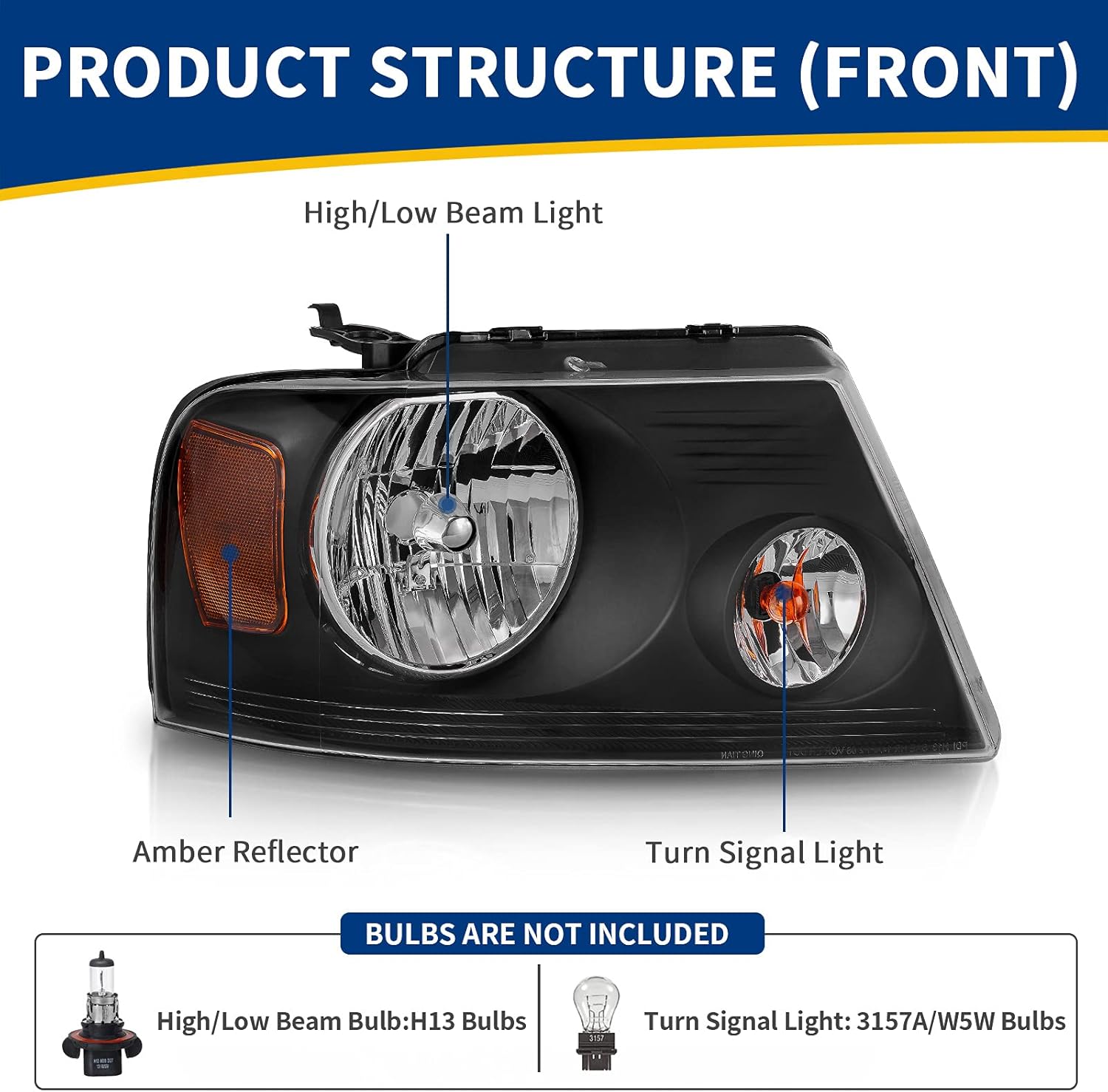 AUTOSAVER88 Headlight Assembly Compatible with 2004 2005 2006 2007 2008 Ford F-150 Passenger and Driver side Black Housing Clear Lens Amber Reflector