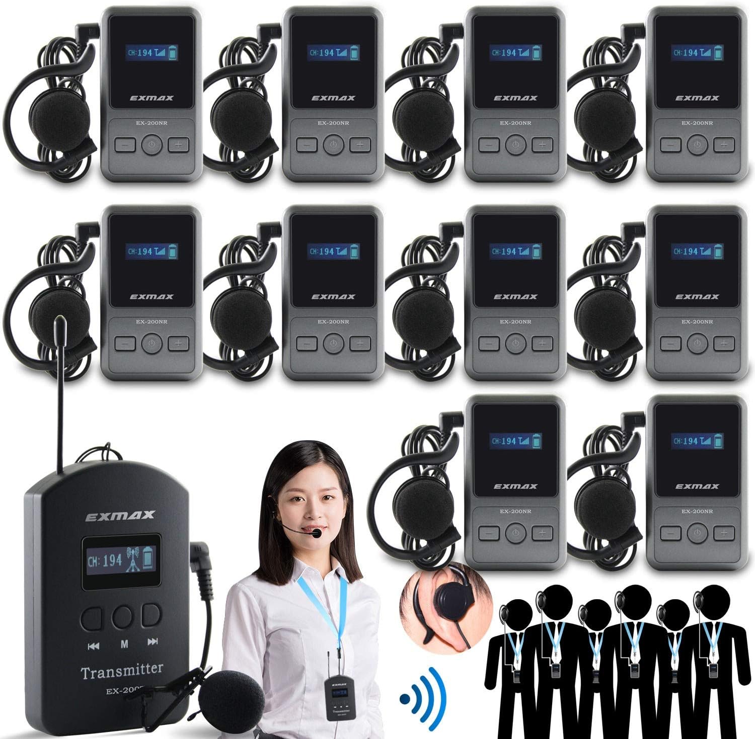 EXMAX EX-200N UHF Wireless Tour Guide Audio Voice Transmission Set Hands-free Transmitter Receiver 200 Channels for Church Translation, Presentation, Silent Conference - 1 Transmitter & 10 Receivers