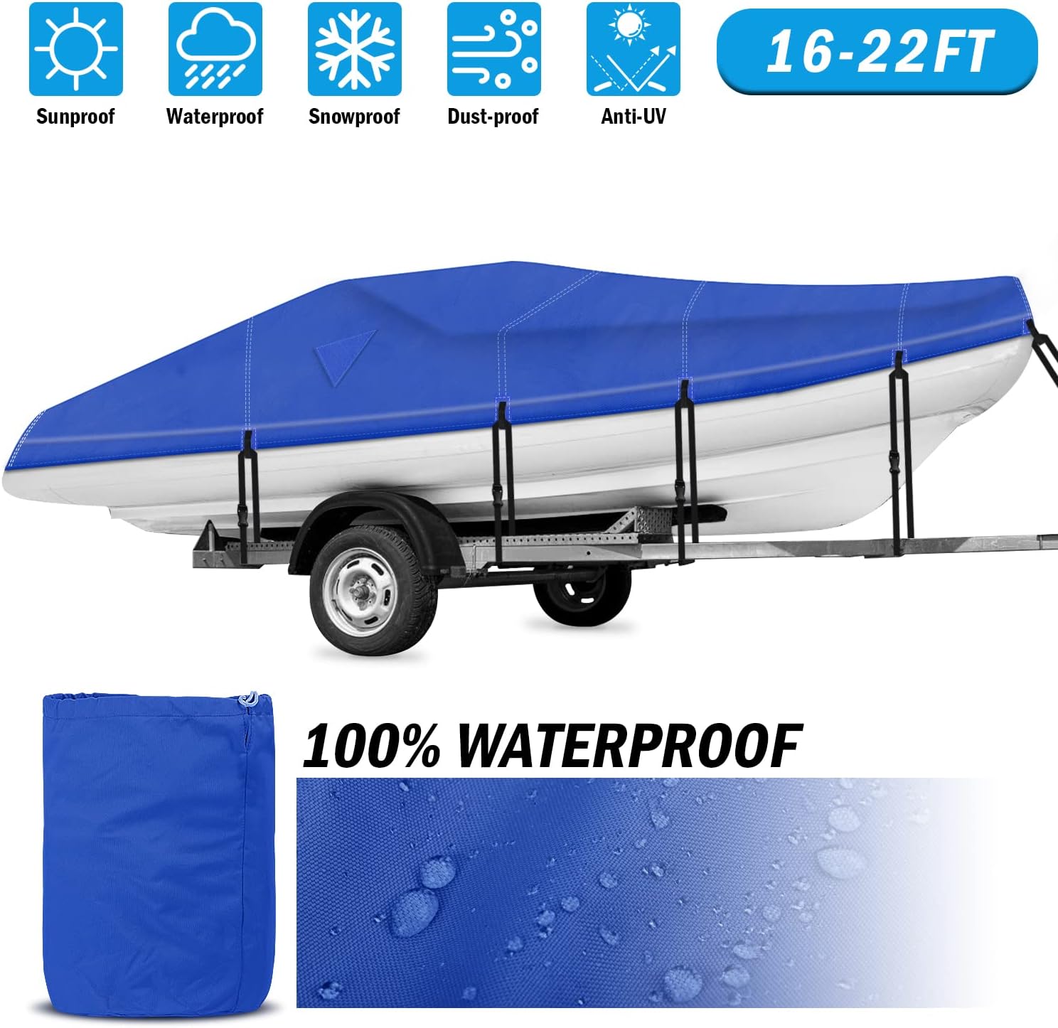 Rockvale Boat Cover,Heavy Duty 600D Trailerable Waterproof Boat Canvas, Universal Marine Grade Outboard Boat Shade for Bass Boat, Tri-Hull, V-Hull, Ski, Fishing Runabout Boat (17-19ft, Beige)