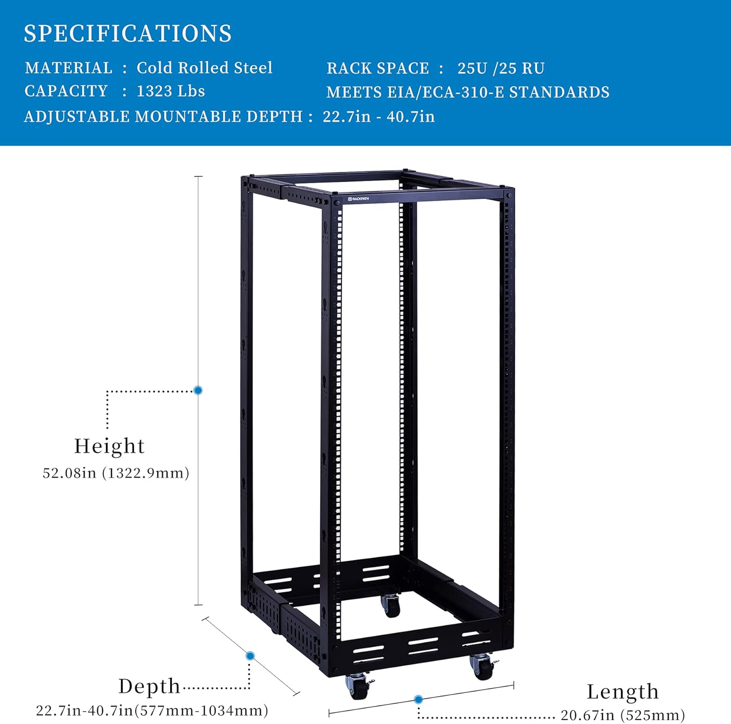 RackPath 25U Open Frame Server Rack – Heavy Duty 4 Post Adjustable Depth with Casters