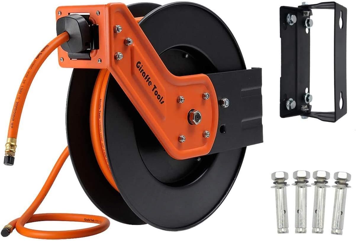 Giraffe Retractable Air Hose Reel Swivel with 3/8 in. x 25 ft Hybrid Hose, 300 PSI Industrial Wall Mounted Compressor Hose Reel Heavy Duty Pack of 2