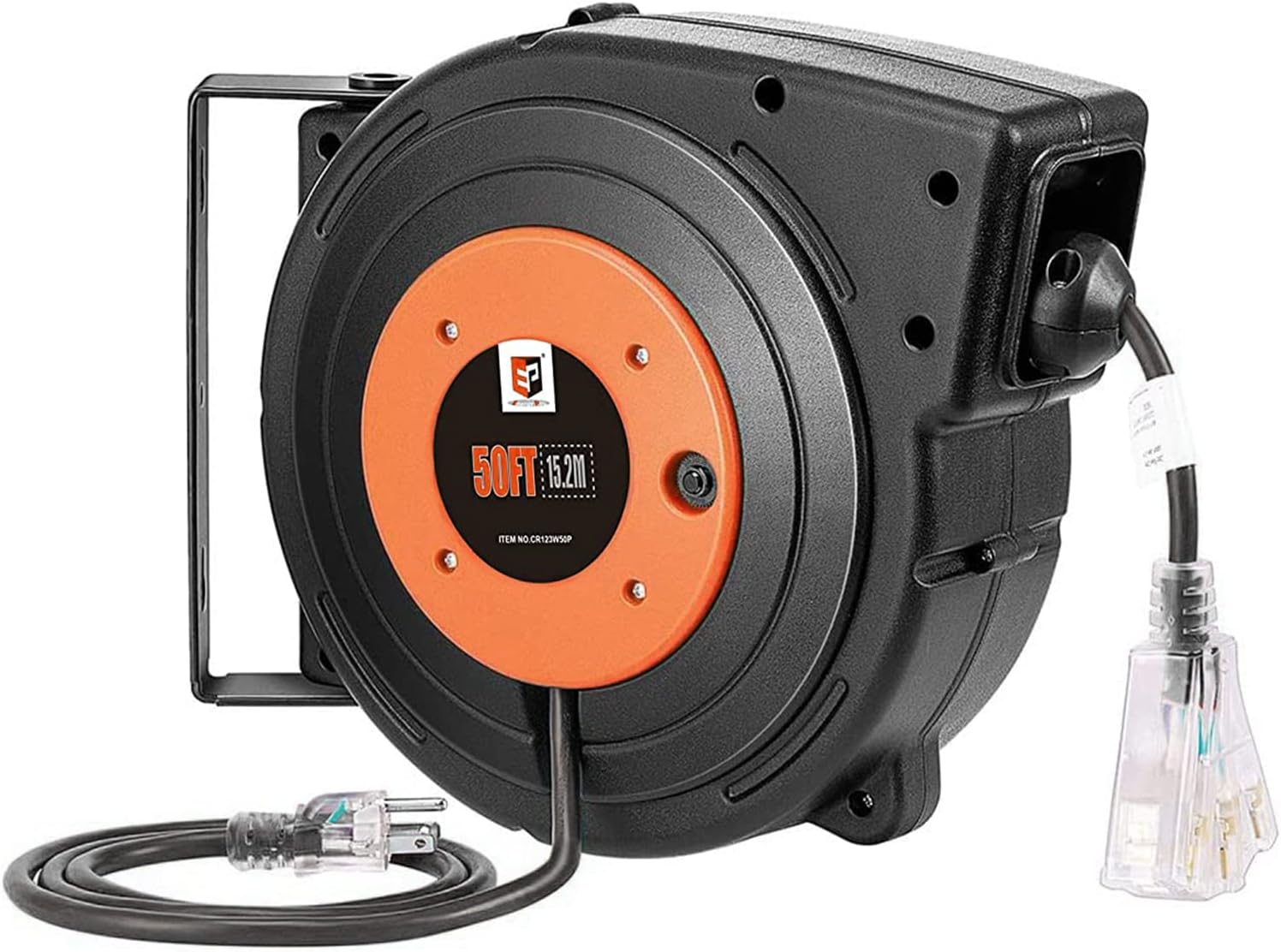 EP Retractable Extension Cord Reel, 50 Ft Heavy Duty Power Cord, 12 AWG/3C SJTOW, 15 AMP Circuit Breaker, Lighted Triple Tap, Ceiling or Wall Mount, UL Listed